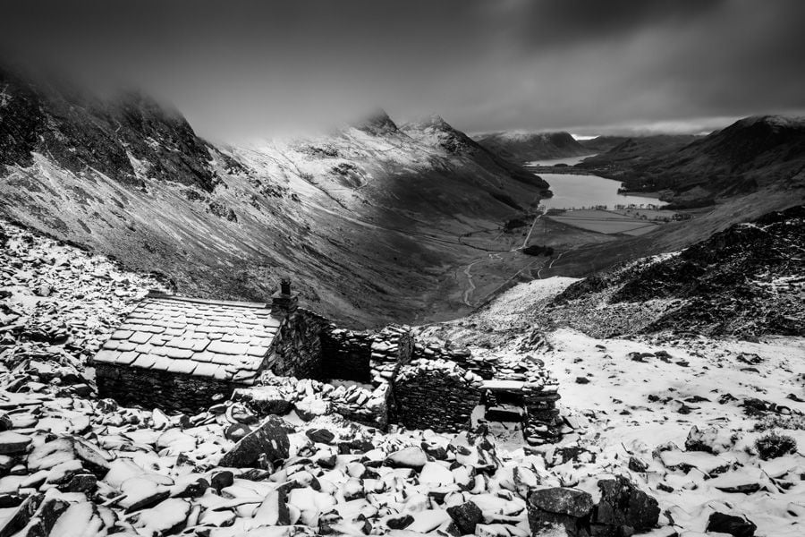 Warnscale-Bothy-Black-and-White-Print Lake District Buttermere