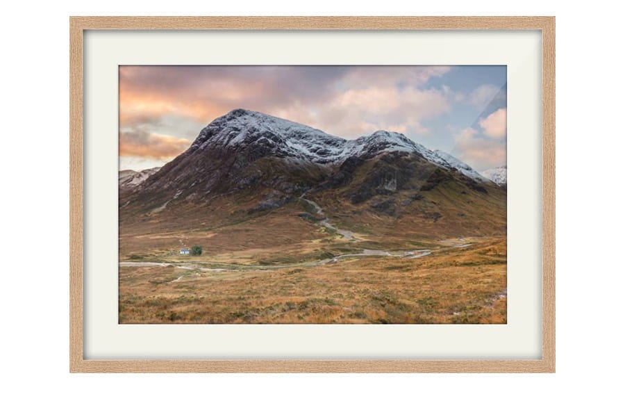 Buachaillie Etive Mor Snowcapped Sunrise Oak Framed Print