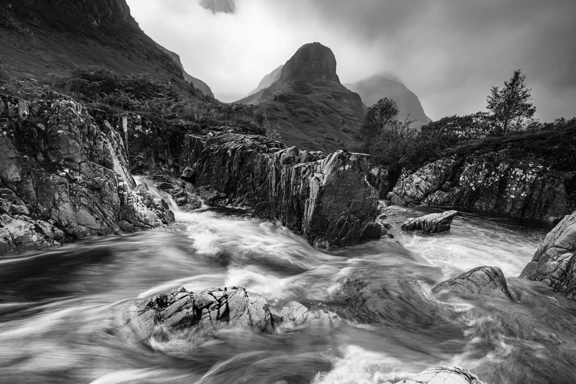 Glen Coe River 3 Sisters Original Black and White Blog Image