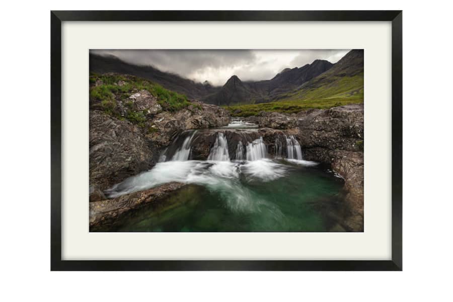 Isle of Skye Fairy Pools framed artwork in a satin black frame with white mount