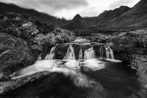 Black and White Landscape photography from Isle of Skye of the Fairy Pools Featured Image