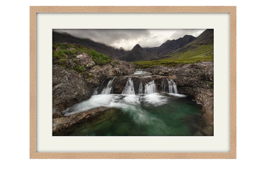 Isle of Skye Fairy Pools framed artwork in an Oak frame with white mount